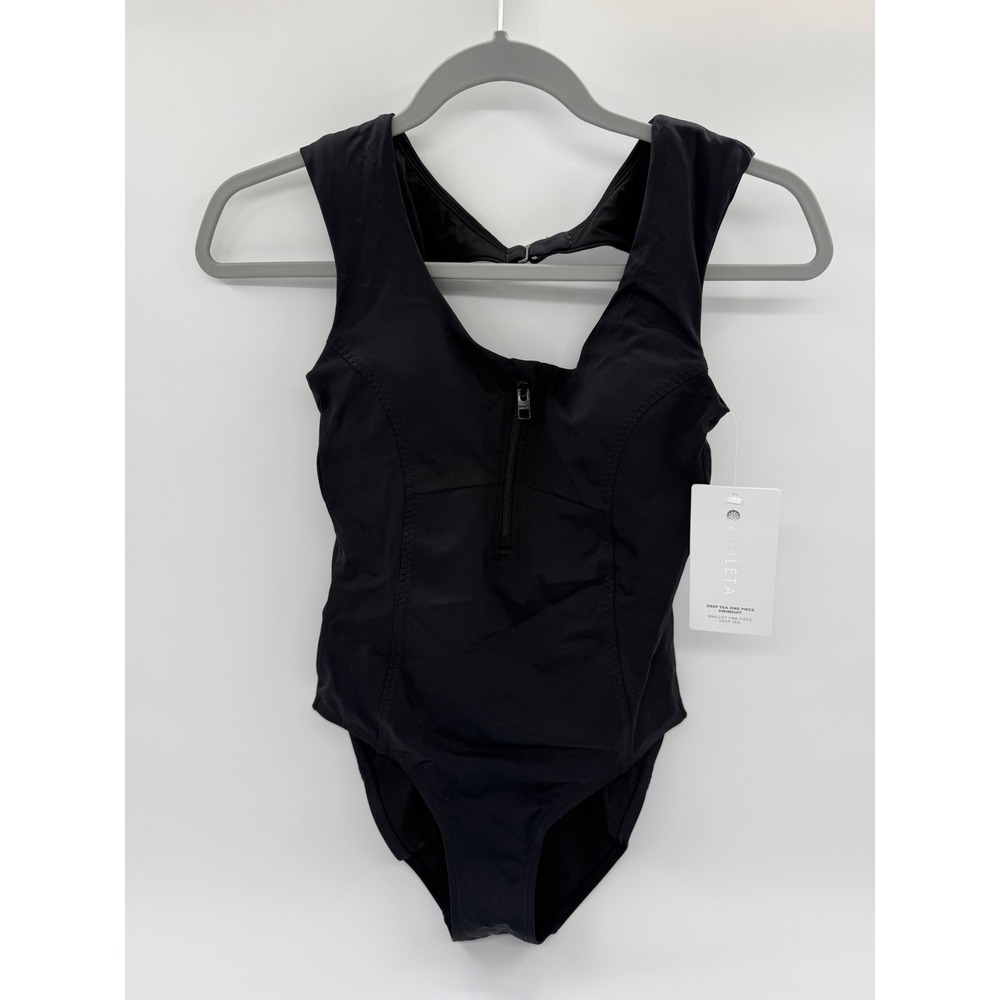 Athleta Deep Sea One Piece‎ Swimsuit Black Front Zip Open Back XXS